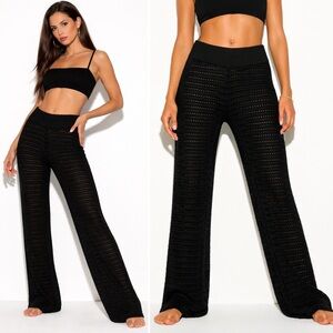 Spiritual Gangster Halston Crochet Pants Black Size Medium Pull On Wide Leg NWT